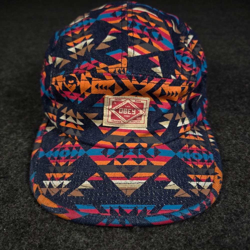 Obey Propaganda 5 Panel Hat Geometric Aztec Blue Orange Denim Leather Strapback